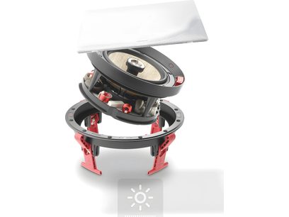 Enceinte encastrable Focal 300 ICW8 blanche et rouge, vue de dessous en perspective, grille de protection démontée