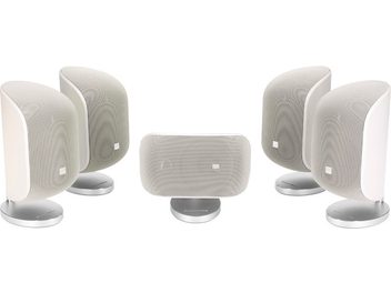 Pack d'enceintes Bowers & Wilkins M1 MK2 5.0 blanc: 4 enceintes satellites et 1 enceinte centrale, forme arrondie, grille blanche
