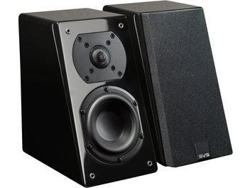 Dolby Atmos SVS Prime Elevation black lacquered trapezoidal speaker, speakers protected by black grille