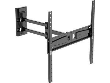 Supporto TV a parete Meliconi FDR 400 FLAT FB, vista di tre quarti, bracci articolati, struttura in metallo nero, fissaggio a muro