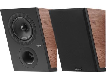 Pair of Elipson Prestige Facet II 6ATM Dolby Atmos speakers in walnut, wooden cabinet with walnut finish and matte black angled front panel, speaker and waveguide visible on the left unit while the other features a black fabric grille, three-quarter front view