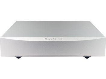 Nuprime STA-9X silver power amplifier, front view, rectangular shape, silver front panel, Nuprime logo engraved in the center