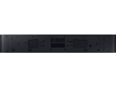Front view of the black Samsung HW-S66D soundbar, with speaker grilles, buttons, and ports on the right side