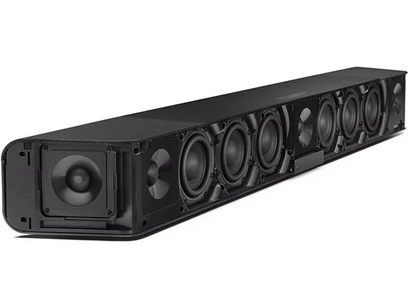 Barra audio Sennheiser AMBEO Soundbar Max nera, vista frontale, con diversi altoparlanti circolari visibili