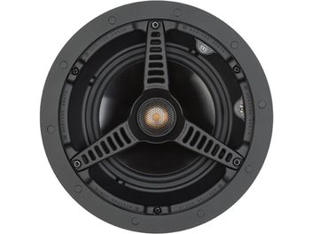 Enceinte encastrable Monitor Audio Core C165 noire, vue de face, haut-parleur central orange dans grille circulaire noire
