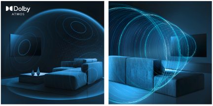 Salon avec canapé bleu, table basse, télévision murale, effets visuels de son surround Dolby Atmos