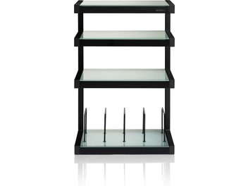 Έπιπλο Hi-Fi Norstone Design Esse hifi βινύλιο μαύρο / frost, όψη από μπροστά, 4 γυάλινα ράφια, μαύρη δομή, κάθετα στηρίγματα