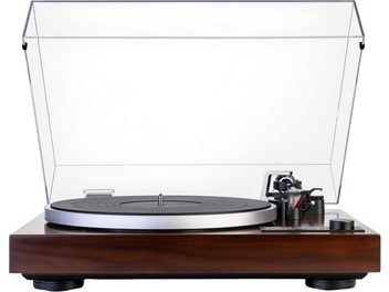 Platine vinyles hi-fi Dual CS 518 WN en bois noyer avec plateau métallique argenté, capot antipoussière transparent relevé et bras de lecture noir à droite, vue de face