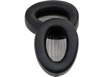 Pair of black Meze Audio hybrid oval pads in synthetic leather with internal hexagonal-patterned grille, shown in slight perspective