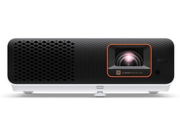 Benq X500i must videoprojektor, esikülg, keskmine oranž objektiiv, mesilasresti võre, valge alus