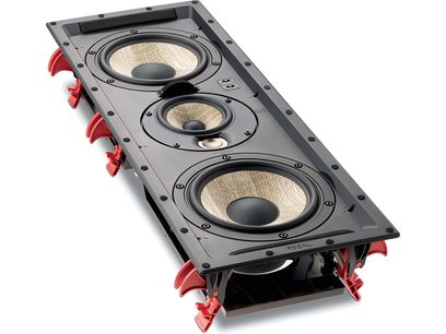Three Focal 300 IWLCR6 gray in-wall speakers viewed from the front, stacked vertically, with visible red speaker cones