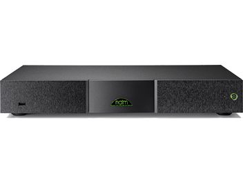 Naim ND5XS2 negru player audio în rețea, vedere frontală, butoane și lumini verzi, față din aluminiu perlat