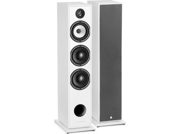 Enceintes colonne Triangle Borea BR08 blanc en MDF blanc mat, vue de trois-quarts avant, une enceinte dépourvue de grille révélant tweeter, médium, deux woofers et évent circulaire, la seconde dotée d’une grille frontale noire sur socle