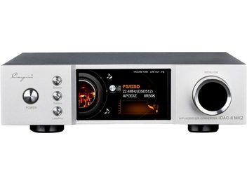 Cayin iDAC-6 MK2 brushed silver aluminum audio DAC, front view with central color display, three small vertical buttons and circular power button on the left, large black metal-ringed rotary selector on the right