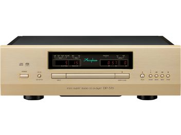 Lecteur CD haute-fidélité Accuphase DP-570, vue de face, finition dorée, écran central, boutons circulaires et rectangulaires
