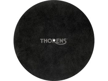 Black circular platter cover with uniform surface, Thorens logo centered in clear letters, visible central hole