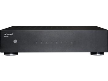 Amplificatore multiroom o multi-zona ArtSound AMP-850, vista frontale, chassis nero, 2 piedini circolari argentati, 1 pulsante rotondo a sinistra, 8 indicatori numerati da 1 a 8