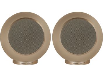 Enceintes bibliothèque Elipson Planet L Performance 2.0 beige mat avec grille circulaire noire et base cylindrique
