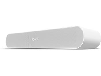 Λευκή συμπαγής ηχοβαρα Sonos Ray, με λιτό σχεδιασμό, διάτρητη μεταλλική σχάρα, γκρι λογότυπο, πλάγια όψη