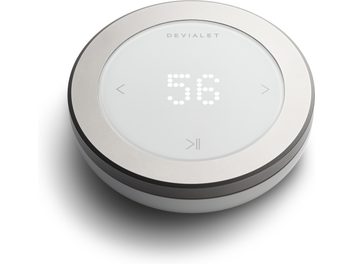 Telecomando rotondo DEVIALET REMOTE bianco, vista dall'alto, display LED "36", finitura in alluminio spazzolato e plastica bianca