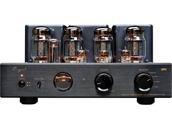 Amplificateur intégré stéréo à tubes Cayin MT50 Plus KT88 noir en métal brossé, vue de face, façade anthracite avec jauge rétroéclairée centrale, deux gros boutons noirs et six lampes en verre apparentes