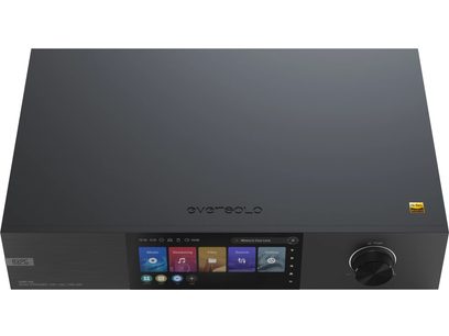Lecteur audio réseau EverSolo DMP-A8 noir, vue de face, affichage écran, boutons et molette sur la façade avant