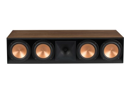 Klipsch RC-64 III oreh centralni zvočnik, 5 črnih krožnih zvočnikov na temni leseni sprednji plošči, pogled od spredaj