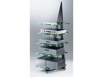 Έπιπλο Hi-Fi Schroers & Schroers Alphastatic από γυαλί και μαύρο μέταλλο, 5 ράφια με ηχητικά εξαρτήματα, μπροστινή όψη