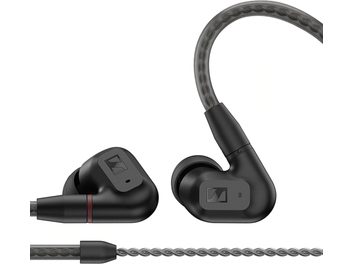 Sennheiser IE 200 in-ear hovedtelefoner, set forfra, sorte øretelefoner med grå snoede kabler, silikonepropper