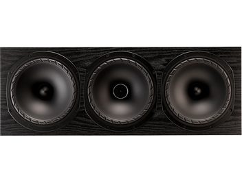 Enceinte centrale Fyne Audio F502E LCR, vue de face, 3 haut-parleurs circulaires noirs, finition bois sombre, vis apparentes