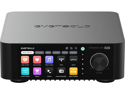 EverSolo Play integrerad stereo hi-fi-förstärkare, mörkgrått aluminiumhölje med svart glasfront som har en central färgpekskärm och en stor silverfärgad vridknapp till höger, sedd framifrån i lätt sned vinkel