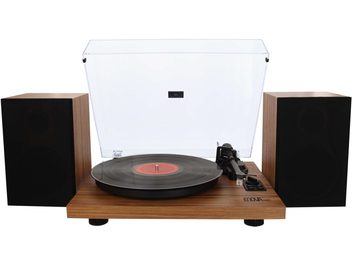 Augstas kvalitātes vinila plates atskaņotājs Enova HIFI Vision 2 SET ar tumšu koka finiera apdari, skats no priekšpuses, atvērts vāks, toņvārpsta, skaļruņi