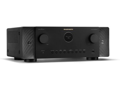 Ampli home-cinéma Marantz Cinema 60 noir, vue de face, façade noire avec boutons et molette, afficheur bleu au centre