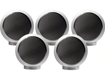 Pack 5 enceintes compactes Elipson Planet M blanc, vue de face, disposition en arc de cercle, grilles noires