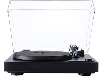 Platine vinyles hi-fi Dual CS 618 Q noire en bois et métal, plateau circulaire noir, bras de lecture noir à cartouche bleue, capot antipoussière transparent relevé, bouton rotatif avant droit, vue de face
