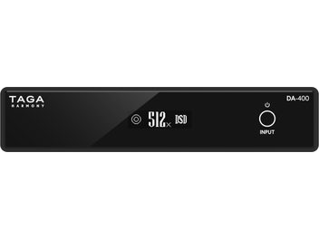 Taga Harmony DA-400 black audio DAC converter, aluminum front panel, blue display, rotary knob, headphone jack
