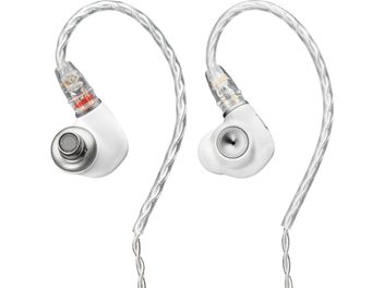 Meze Audio Alba in-ear hovedtelefoner, set forfra, hvide øretelefoner med gennemsigtige snoede kabler