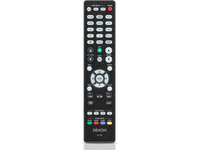 Télécommande Denon RC-1252 noire, vue de face, boutons multifonctions gris et blancs, écran LCD, finition imitation bois foncé