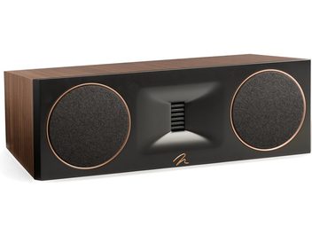 Enceinte centrale Motion XT C100 noyer avec deux grilles circulaires noires cerclées de cuivre et un tweeter central rectangulaire