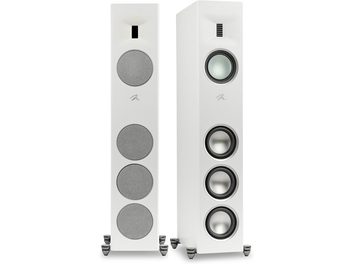 Enceinte colonne MartinLogan Motion XT F100 blanc mat avec façade rectangulaire, 4 haut-parleurs circulaires et 1 tweeter rectangulaire