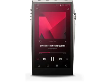 Audiofiiliste kävelyraadios Astell&Kern SP3000T esimese vaate, ekraan sisse lülitatud kuvates muusika mängu liidese, vasakul neli nuppu ja paremal rätelkraan.