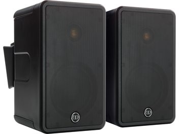 To sorte Monitor Audio Climate 50-højttalere set forfra, med metalgitre og afrundede rektangulære kabinetter