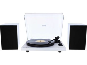 Giradischi hi-fi Enova HIFI Vision 2 SET bianco, vista frontale, coperchio chiuso, 2 diffusori bianchi, braccio di lettura nero