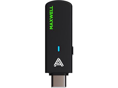 Casque sans-fil Audeze Maxwell Xbox noir, vue de face, logo vert "Maxwell" sur l'oreillette, logo bleu "A" sur le côté