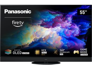 Panasonic TV-55Z95AEG højdefinitionsfjernsyn, OLED-skærm, set forfra, levende farver, logoer og ikoner nederst