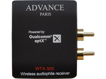 Trådløs sender Advance Paris WTX-500 sort front med forgyldte RCA-stik og hvide og røde inskriptioner