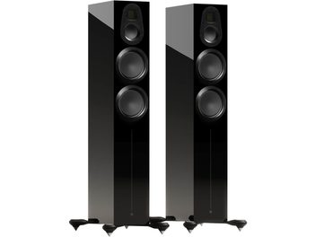 Enceintes colonne Monitor Audio Gold 300 6G noir laqué, vue de face, 2 haut-parleurs, 3 cônes circulaires, socles à pointes