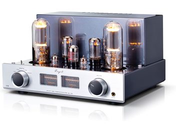 Cayin Jazz 100 silver stereo tube integrated amplifier, silver and dark gray brushed aluminum chassis, front panel with two orange VU meters, two black rotary knobs with silver rings and headphone jack, large glowing glass tubes on top, three-quarter front left view