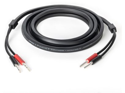 Câble enceinte Audioquest Q2, 2 x 3m, fiches banane SureGrip 100, noir, enroulé, vue de dessus, connecteurs rouge et noir