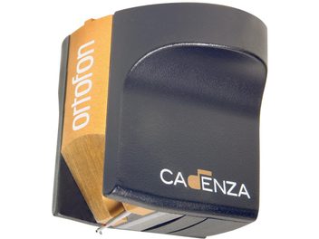 Cellule platine vinyles Ortofon Cadenza Bronze, vue de côté, boîtier noir mat, inscription dorée "CADENZA" sur le côté